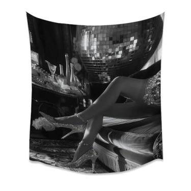 Imagem de Bola de discoteca de luxo preto branco salto alto glamourosa arte de parede brilhante festa estética vintage chique impressão para quarto sala de estar armário lounge bar tapeçaria elegante decoração