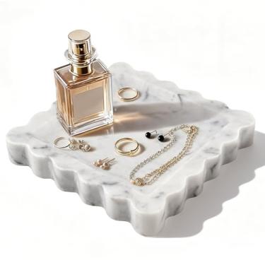 Imagem de Bandeja decorativa quadrada de mármore de 14 cm com borda recortada, bandeja de louça de banheiro de pedra de mármore natural