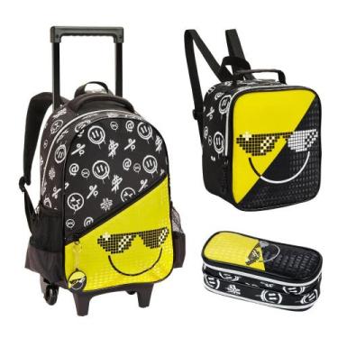 Imagem de Kit Mochila de Rodinhas + Lancheira + Estojo Duplo Emoji DENLEX