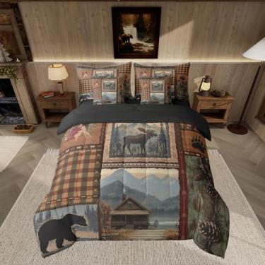 Imagem de Feelyou Conjunto de edredom rústico com estampa de veado, solteiro, para crianças, animais selvagens, caça, casa de fazenda, 7 peças, marrom escuro, macio