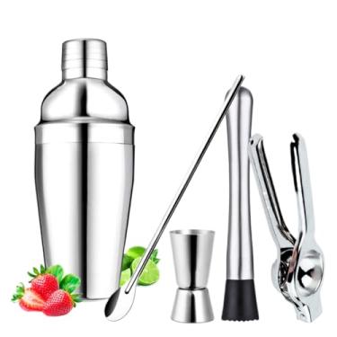 Imagem de Kit Caipirinha Inox 5 Peças | Coqueteleira 500ml ou 750ml Socador Dosador (KIT COM COQUETELEIRA 500ML)