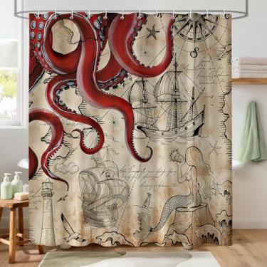 Imagem de Hopomoon Cortina de chuveiro com tema de polvo, vintage, náutica, decoração de banheiro, impermeável, resistente à água e cortina de tecido de poliéster para box de chuveiro 183 x 183 cm