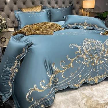 Imagem de Conjunto de cama Style com bordado em cetim, capa de edredom dupla, lençóis e fronhas em puro algodão, azul, tamanho queen (4 peças).
