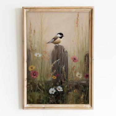 Imagem de Arte de parede de pássaro vintage impressões de arte botânica de pássaros de fazenda rústica imagens de flores vintage beija-flor arte de parede retrô botânico animal pôster para sala de estar quarto