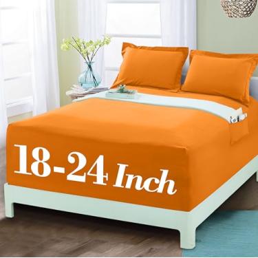 Imagem de Mocassi Lençol com elástico luxuoso 1800 de qualidade premium de hotel – Ultramacio, microfibra resistente a vincos, bolso extra profundo de 45 a 60 cm, lençol com elástico, solteiro, laranja