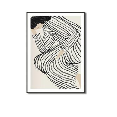 Imagem de LUSKINNO Arte de parede em tela emoldurada para retrato frontal de uma mulher, pintura boho minimalista para decoração de sala de estar, decoração moderna de 30 x 40 cm, conjunto de parede de galeria