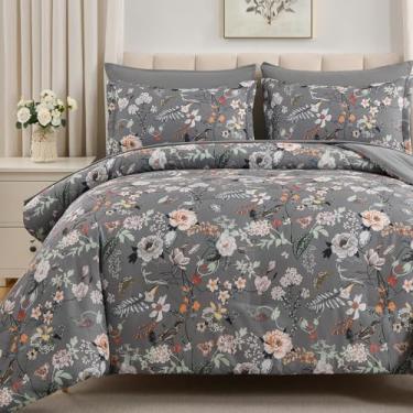 Imagem de LLDSYW Conjunto de edredom King de 7 peças, cinza escuro com estampa de flores e folhas, conjunto completo de cama de microfibra macia para todas as estações (cinza escuro, King)