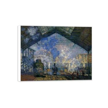 Imagem de BMZFYBS Claude Monet Famosas Impressões em tela de parede prontas para pendurar - Estação Saint-Lazare - Pintura com moldura branca para decoração de sala de estar 50 x 65 cm 20 x 26 pol