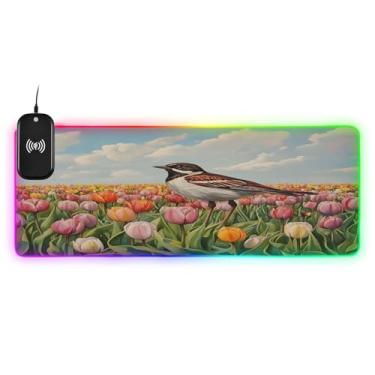 Imagem de CEBUGI Mouse pad de carregamento sem fio Bird in Tulipas 15W mouse pad rápido para jogos com 14 iluminação LED RGB para jogos, PC, laptop, mesa 90,9 x 39,9 cm