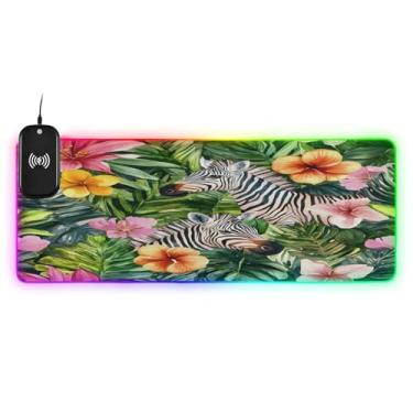 Imagem de CEBUGI Zebra Mouse Pad de carregamento sem fio 15 W rápido para jogos com 14 iluminação LED RGB para jogos, PC, laptop, mesa 80 x 30 cm