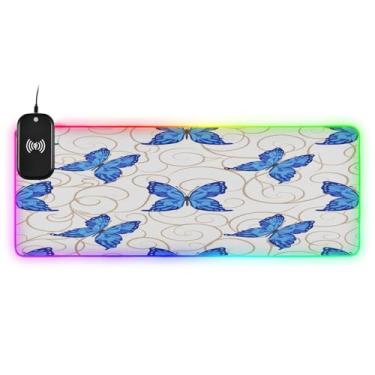 Imagem de CEBUGI Mouse pad de carregamento sem fio Blue Butterflies 15 W rápido para jogos com 14 iluminação LED RGB para jogos, PC, laptop, mesa 80 x 30 cm