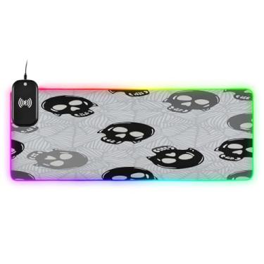 Imagem de CEBUGI Mouse pad de carregamento sem fio com caveiras pretas cinza 15 W com iluminação LED RGB 14 para jogos, PC, laptop, mesa 90,9 x 39,9 cm