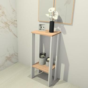 Imagem de Mesinha Alta Multifuncional MDF Durável Mesa de Canto Apoio Bebedouro para Sala Quarto Cozinha Ideal para Apartamentos(BRANCO E CARVALHO)