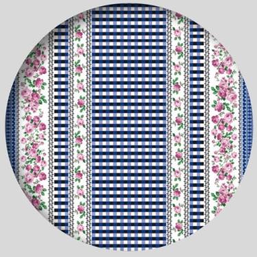 Imagem de Toalha de Mesa Redonda de Plástico Térmico Ø 1,40 Metro com Acabamento (ROSAS COM XADREZ AZUL)