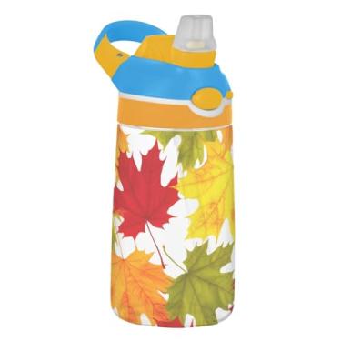 Imagem de Garrafa de água infantil colorida com folhas de bordo de outono 473 ml Tritan reutilizável esportiva com tampa de canudo 473 ml copo infantil portátil à prova de vazamento, alça de transporte
