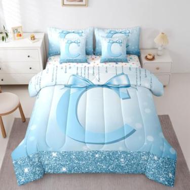 Imagem de Conjunto de cama casal de 7 peças com laço fofo para meninas adolescentes com letra C | Cama de laço moderna feminina em uma bolsa, monograma, moderno, conjunto de edredom com lençóis, alfabeto