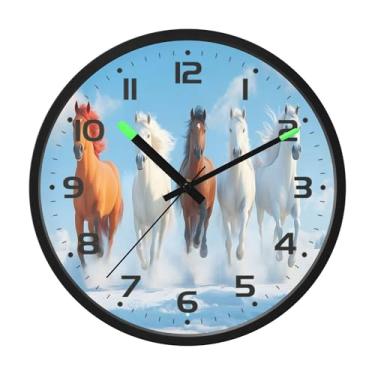 Imagem de SEHANY Relógio de parede artístico majestoso cavalos silencioso, sem tique-taque, relógio redondo operado por bateria, controle de som, luz noturna, relógios de parede para sala de estar, cozinha