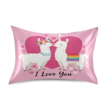 Imagem de Wassud Lovely Lhamas Fronha de cetim para o dia dos namorados para cabelo e pele fronhas de seda lisa tamanho padrão capas de travesseiro respiráveis com fecho de envelope