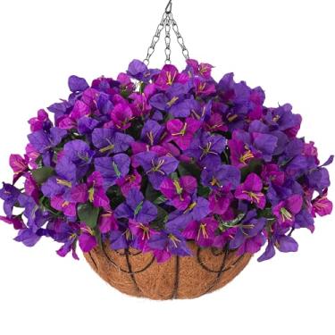 Imagem de Planta de flores artificiais penduradas com cesta para decoração de primavera ao ar livre, plantas falsas para pendurar buganvílias em plantador, aparência real, flores de seda resistentes a UV para