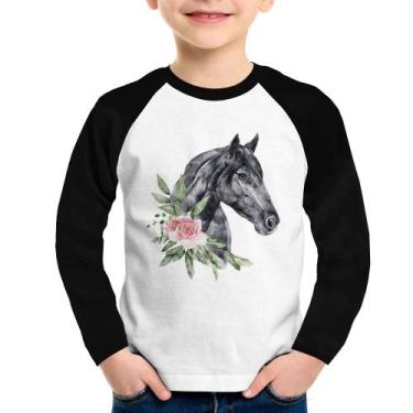 Imagem de Camiseta Raglan Infantil Cavalo e Flores Manga Longa - Foca na Moda, B