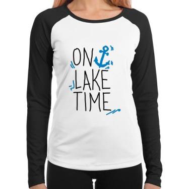 Imagem de Baby Look Raglan On Lake Time Manga Longa - Foca na Moda, Branco, Pret