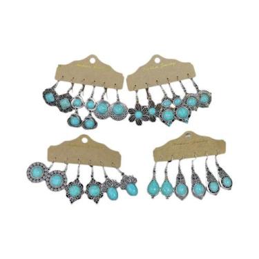 Imagem de Brincos Pendentes De Flor Com Incrustações De Turquesa, Estilo Étnico,