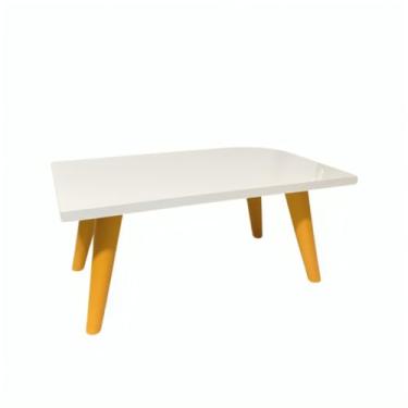 Imagem de Mesa de Centro 50cm Retangular - Pés Palito de PVC, Estilo Retro Moderno, Decorativa para Sala de Estar e Ambientes Domésticos (Branco/Caramelo)