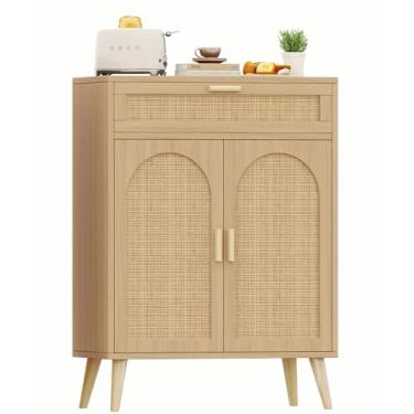 Imagem de Armário buffet de vime com armazenamento, mesa de buffet boho com prateleira e portas ajustáveis, armário de armazenamento de chão de cozinha com gaveta, cafeteria para sala de estar, sala de jantar