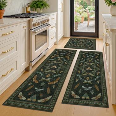 Imagem de JTJ Conjuntos de 3 tapetes de cozinha laváveis, antiderrapantes para chão, tapete de corredor de pilha baixa para pia e fogão, padrão botânico vintage verde escuro