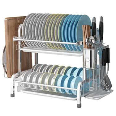 Imagem de Escorredor de pratos com drenagem, escorredor de pratos de aço inoxidável de 2 camadas para bancada de cozinha, tábua de corte e suporte de faca, prateleira organizadora de talheres de grande