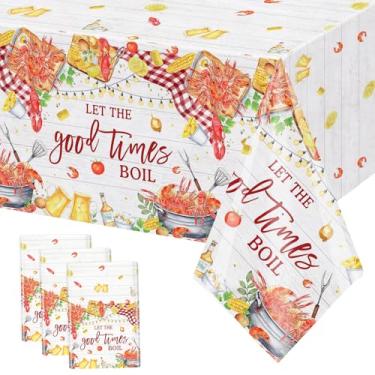 Imagem de MEHOFOND 3 peças de toalhas de mesa de plástico lagosta fervura, 274 x 137 cm, madeira Let The Good Times Boil, decoração de festa de lagosta de frutos do mar, toalha de mesa de piquenique de camarão