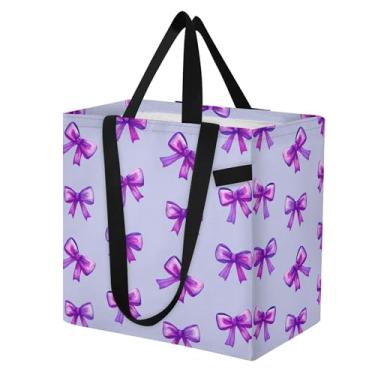 Imagem de SEHANY Sacolas de compras reutilizáveis com laço roxo fofo com alças reforçadas, bolsa de compras de lona dobrável à prova d'água de grande capacidade para viagem, cozinha, praia