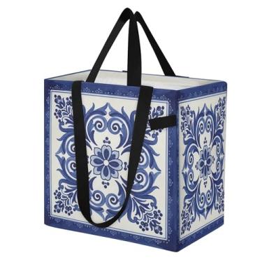 Imagem de SEHANY Sacolas de compras reutilizáveis de porcelana azul e branca com alças reforçadas, bolsa de compras de lona dobrável à prova d'água de grande capacidade para viagem, cozinha, praia