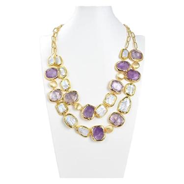 Imagem de DWBPGVUN Colar de corrente de ametista quadrada de pérola branca cultivada Keshi 61 cm