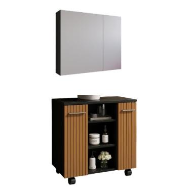 Imagem de Armário Gabinete de Banheiro para Pia de Coluna – Premium, Armazenamento Vertical Resistente à Umidade para Higiene e Cosméticos Doméstico (Kit.Esp.PretoNat.Gab.Preto-Rip)