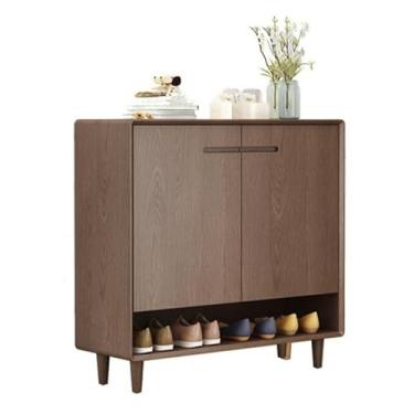 Imagem de Organizador de armário de sapatos independente empilhável de 5 camadas para entrada, armário de armazenamento de sapatos de madeira, armário de sapatos com 2 portas, prateleiras ajustáveis para