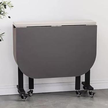 Imagem de ZXLPHA Mesa de jantar de madeira, mesa de jantar dobrável com 6 rodas, mesa de cozinha dobrável com suporte de aço carbono, móveis dobráveis extensíveis para economia de espaço, dobrável em 3