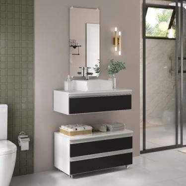 Imagem de Gabinete de Banheiro 80cm Completo – Cuba Integrada e Espelheira, Armário Espaçoso para Higiene, Cosméticos e Utensílios Doméstico Familiar (Branco/Preto)