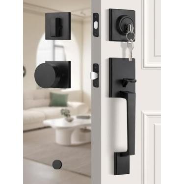 Imagem de EHOMEWARE Conjunto de fechadura de porta frontal, maçaneta preta com fechadura de cilindro único, conjunto de fechadura externa resistente, maçaneta de porta de entrada reversível para portas esquerda