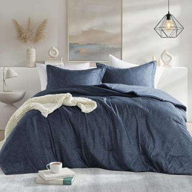 Imagem de Regency Heights Conjunto de edredom casal/Queen, leve, azul marinho, macio, para todas as estações, 3 peças, estampa de cambraia sólida, edredom e fronhas