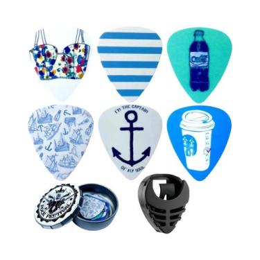 Imagem de Palhetas De Guitarra Médias (6 Unidades) Em Caixa De Metal Com Suporte