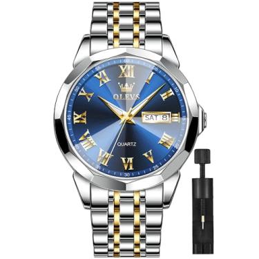 Imagem de OLEVS Relógio masculino masculino com mostrador azul/prata/dourado/preto/cinza, à prova d'água, aço inoxidável, casual, negócios, quartzo, diamante, relógio de luxo com dia e data, Relógio masculino