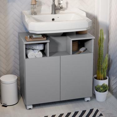 Imagem de Gabinete para Banheiro para Pia de Coluna com Portas e Nichos Abertos – Organizador Moderno para Debaixo da Pia Pintura 3D Efeito Ripado