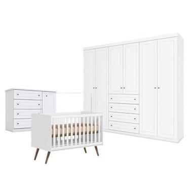 Imagem de Quarto Bebê Americano 6 Portas Com Berço Americano Q Encanto 3820 Retrô Branco Acetinado Qmovi  Henn