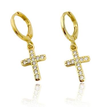 Imagem de Brinco Masculino Ouro De Cruz Cravejada Zircônia Banhado Ouro 24k - Tr