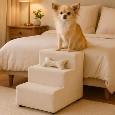 Imagem de Escada Escadinha Para Pet 3 Degraus Com Osso Cor Bege Veludo Liberty M