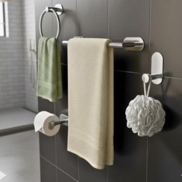 Imagem de Kit Porta Toalha Banheiro Acessórios Sem Furo Cromado Lavabo Adesivo 4
