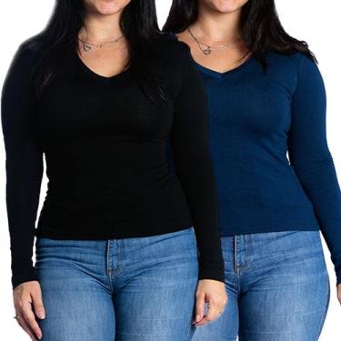 Imagem de Kit 2 blusas feminina manga comprida segunda pele inverno gola v - Mar