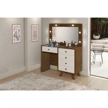 Imagem de Penteadeira Camarim Luna 9 Gavetas com Espelho LED Retrô MDF Branco Fosco