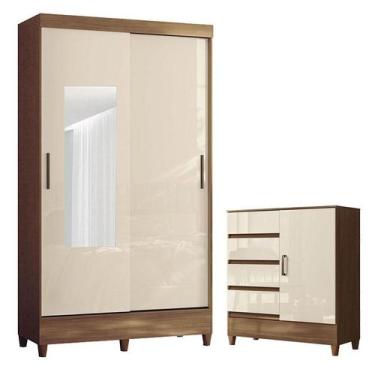 Imagem de Guarda Roupa Solteiro 2 Portas de Correr e Espelho Fit com Cômoda 1 Po
